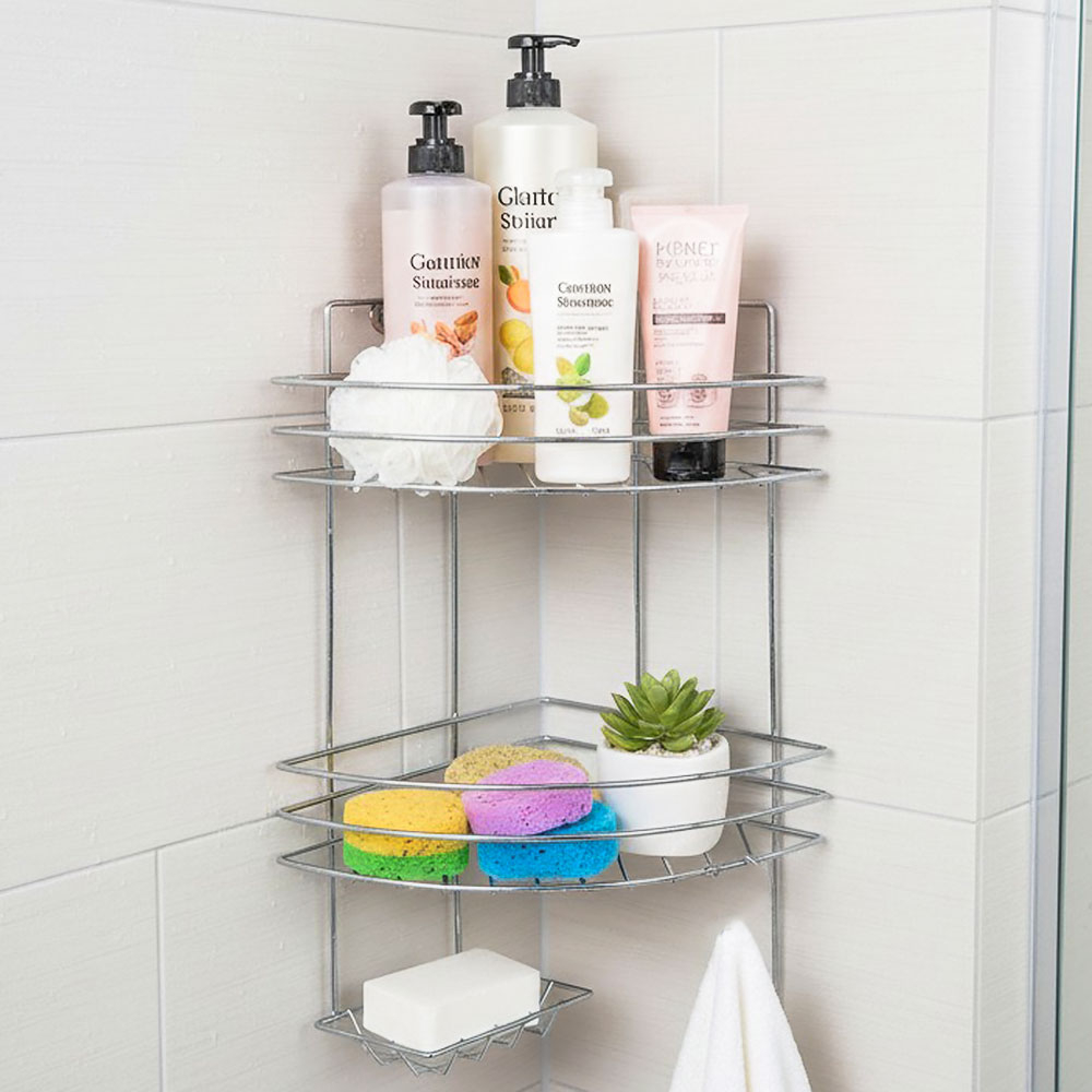 Полка угловая 2-х ярусная 21*21*41,5см с мыльницей и вешалкой, хром ПУМ-2