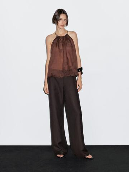 Massimo Dutti Топ из струящейся ткани с цветочным принтом и горловиной халтер, шоколадный