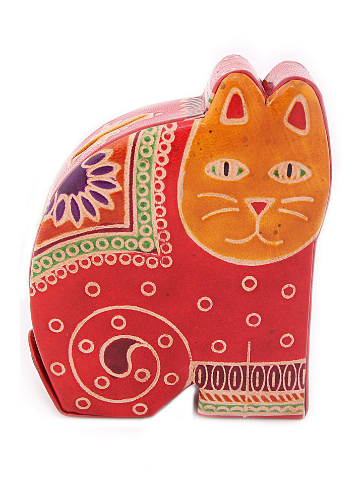 Копилка под мелочь "Кошка", красный кот, оранжевая морда, хвост спираль, натуральная кожа ручной принт