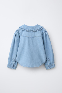 ZARA ДЖИНСОВАЯ РУБАШКА С ВЫШИТЫМИ ЦВЕТАМИ НА ВОРОТНИКЕ, СИНИЙ