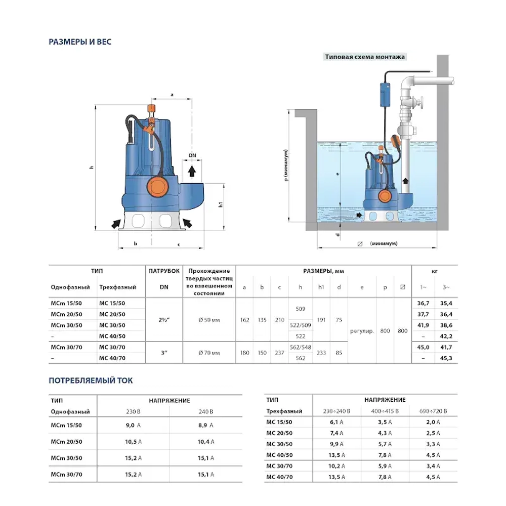 Насос фекальный Pedrollo MC 20/50-F, кабель 10м, 48SGQ93B0A