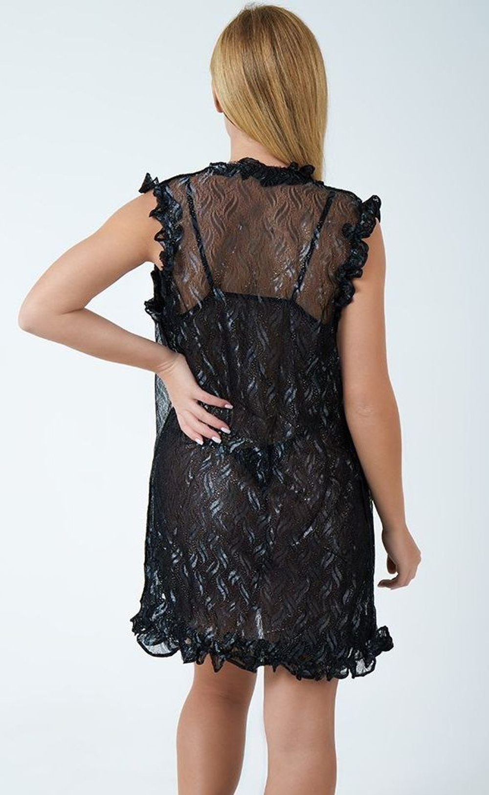 Соблазнительная сорочка с рюшами, накидкой и феромонами (Размер: S-M) (Цвет: черный)