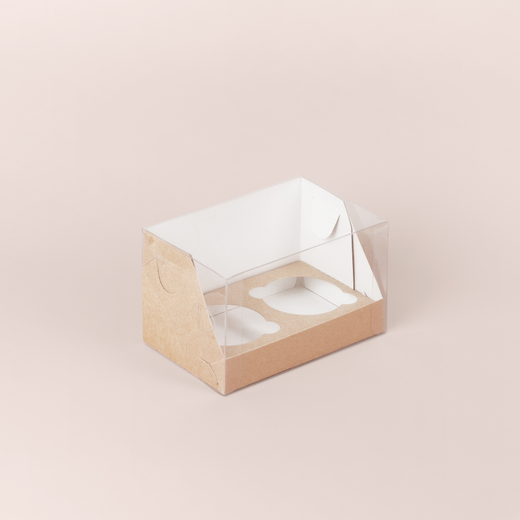 Коробка для 2 капкейков с пластиковой крышкой 160*100*100 мм (крафт)