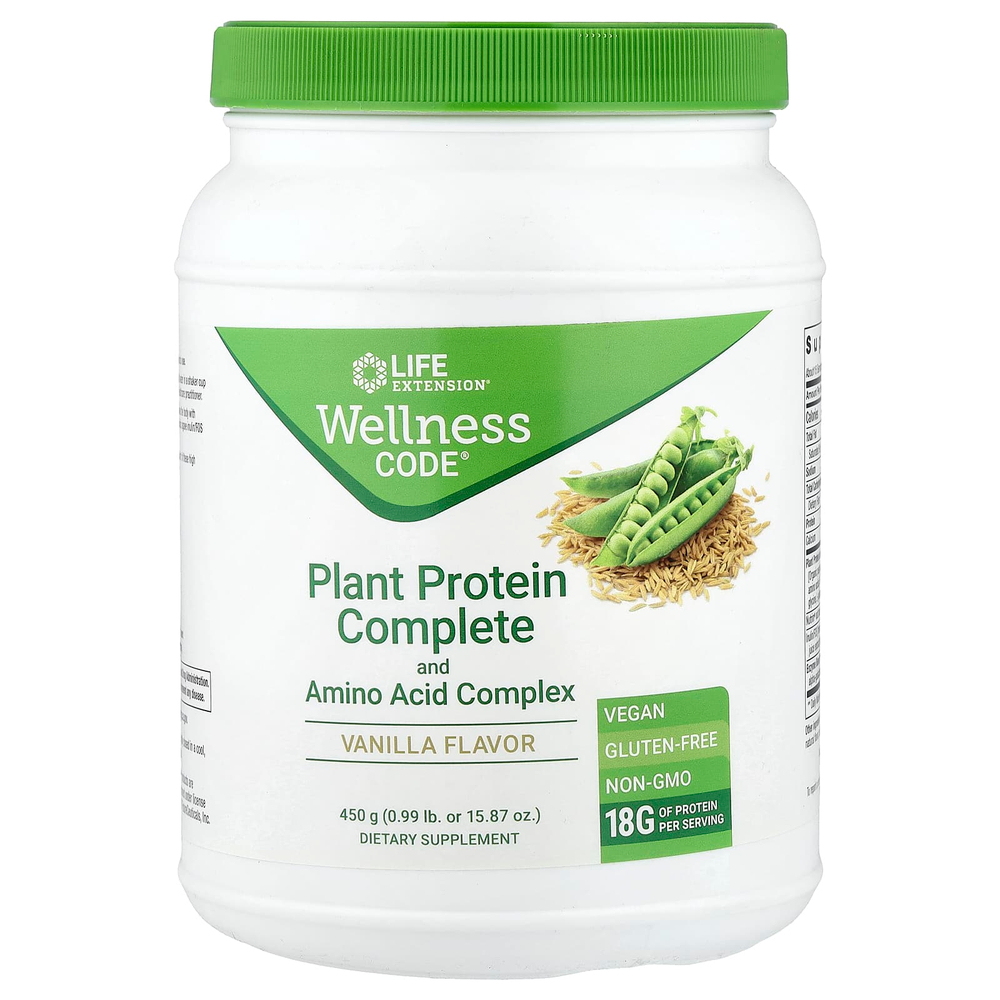 Life Extension, Wellness Code®, комплекс растительного белка и аминокислот, со вкусом ванили, 450 г (0,99 фунта)
