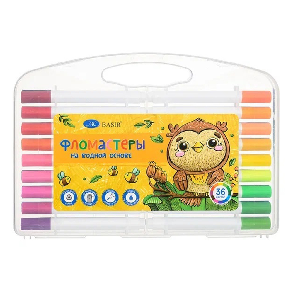 Фломастеры Basir, серия "Сова", разноцветные, в прозрачном пластиковом футляре, набор 36 шт