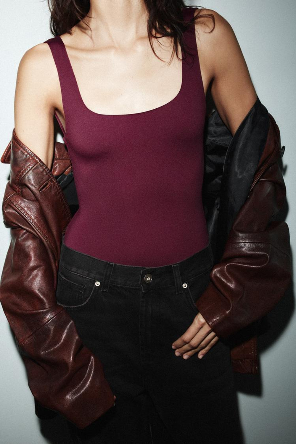 ZARA БОДИ ИЗ ПОЛИАМИДА С БРЕТЕЛЯМИ, ВИННЫЙ