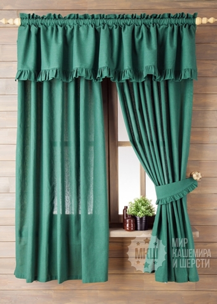 Шторы для кухни из льна ЛАЙНЕН (арт. BL01-221-01)  - (130х170)х2 см., ламбрекен 200 см.  - зеленые