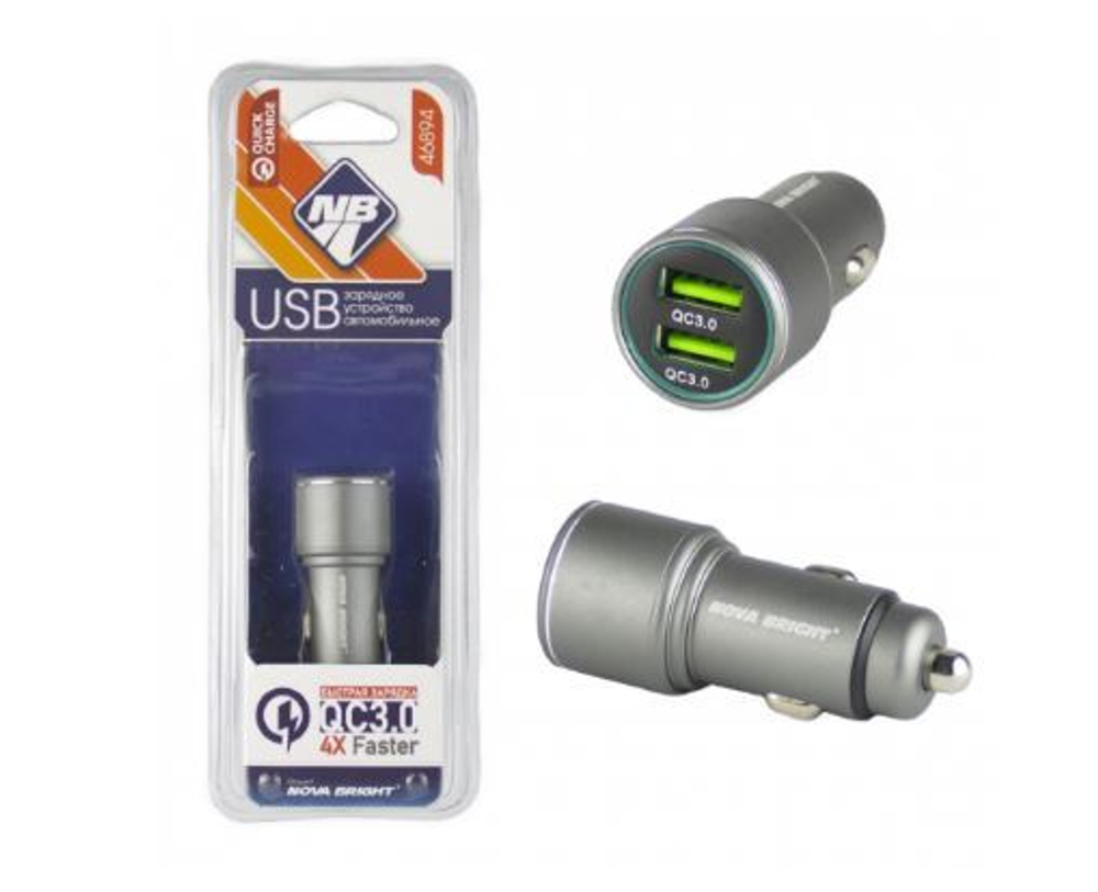 46894 З/У "Nova Bright" 2 USB-порта QC3.0 (функция быстрой зарядки)