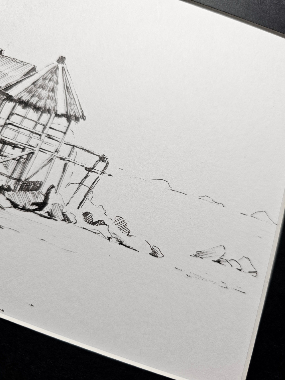 Картина, графика в паспарту 21х30 см на стену для интерьера "Хижины на сваях"