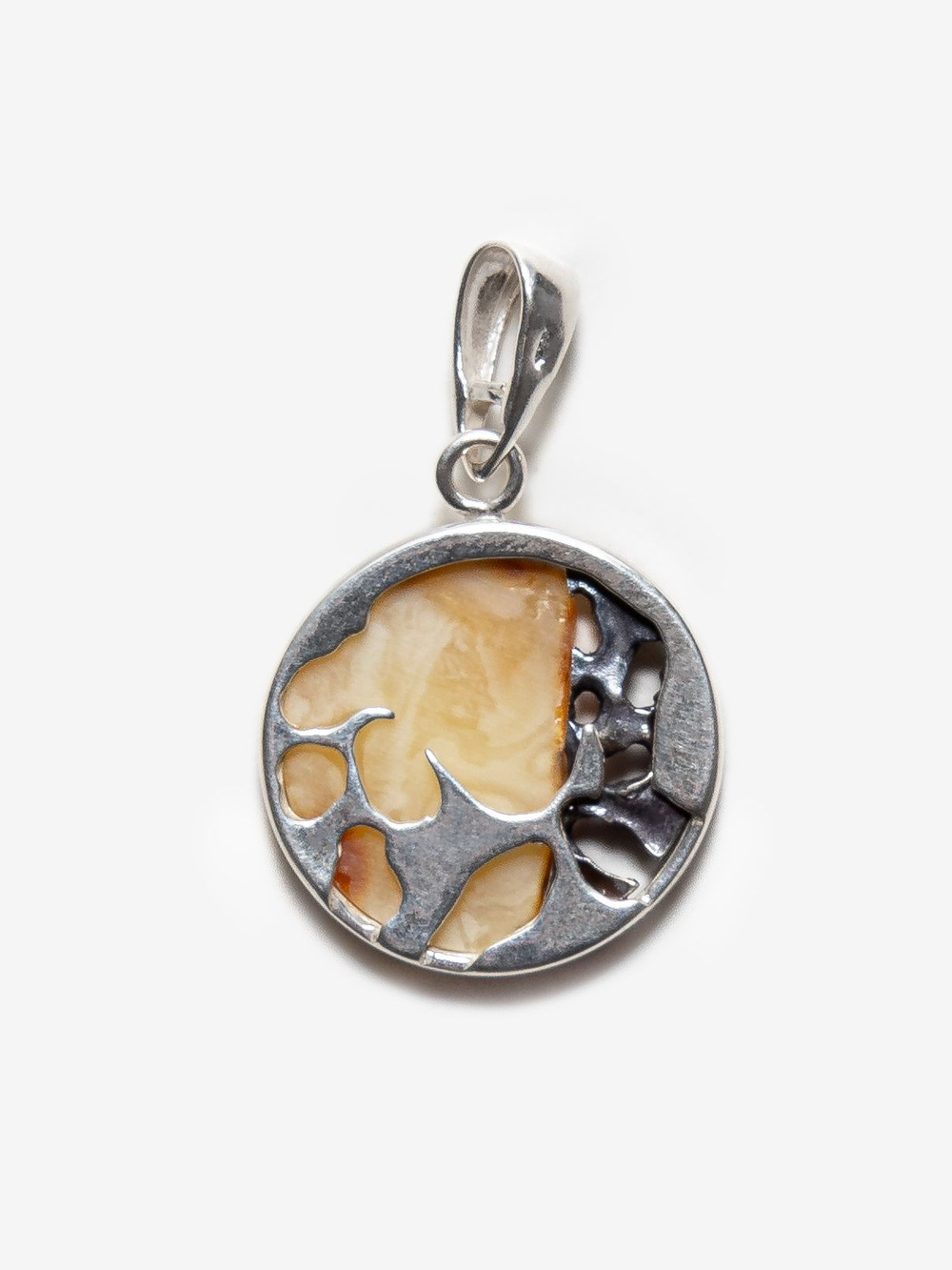 Уникальный серебряный кулон с цельным пейзажным янтарем, серебро 925 пробы