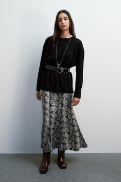 ZARA АТЛАСНАЯ ЮБКА МИДИ С АНИМАЛИСТИЧЕСКИМ ПРИНТОМ, ЗМЕИНЫЙ ПРИНТ