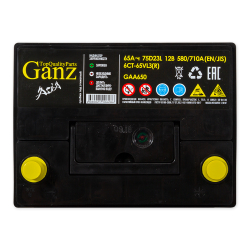 Аккумулятор GANZ ASIA 65 А/ч обратный R+ 232x175x225 D23 EN 580 А