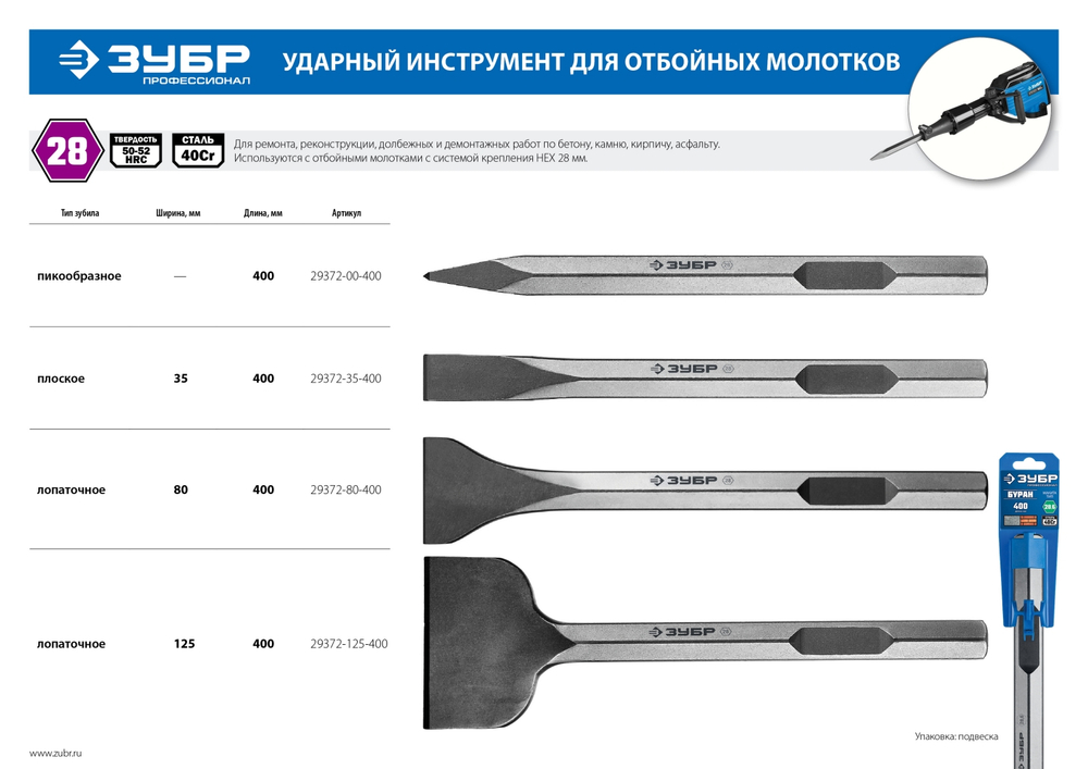 ЗУБР БУРАН, 125 х 400 мм, HEX 28, лопаточное зубило (29372-125-400)