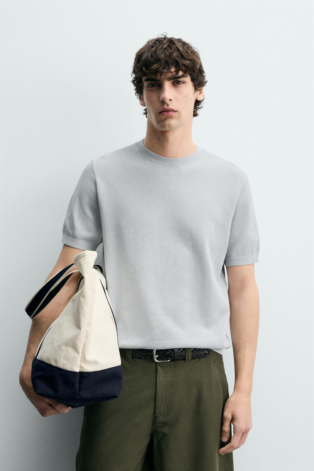 ZARA ФУТБОЛКА RELAXED FIT ИЗ ТРИКОТАЖА, СЕРО-СИНИЙ