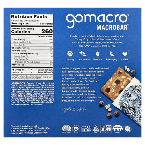 GoMacro, MacroBar®, забота о сердце, овсянка и шоколадная крошка, 4 батончика по 65 г (2,3 унции)