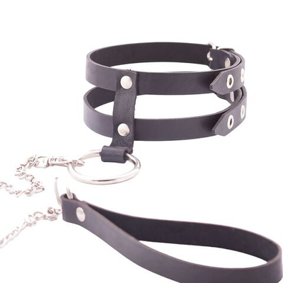 Черный однослойный ошейник из двух ремешков с поводком (Цвет: черный)