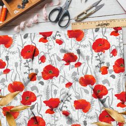 Ткань дюспо красные маки и серые стебли