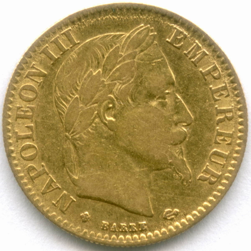 10 франков 1864 год (ВВ). Франция. Наполеон III. Золото VF-XF