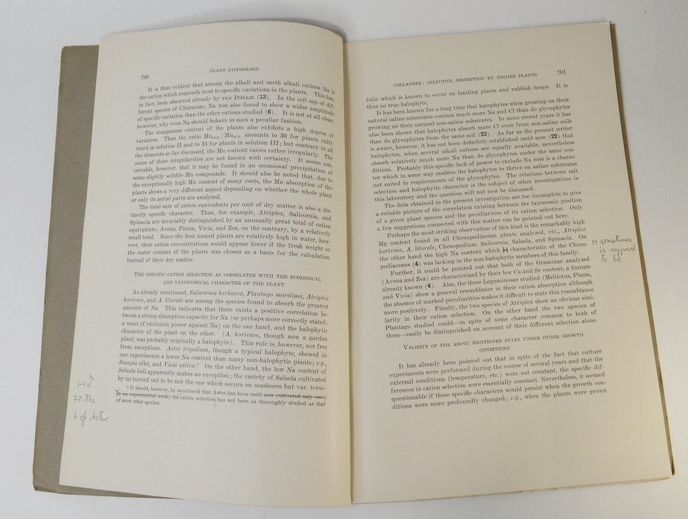 Selective abortion of cations by Higher Plants. Runar Collander 1941 г. Автограф Коштоянца Х.