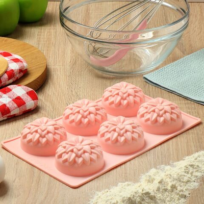 Форма для выпечки силикон, 29.5х17.5 см, прямоуг, 6 кексов, роз, Daniks, Хризантемы Savory, Y4-4972
