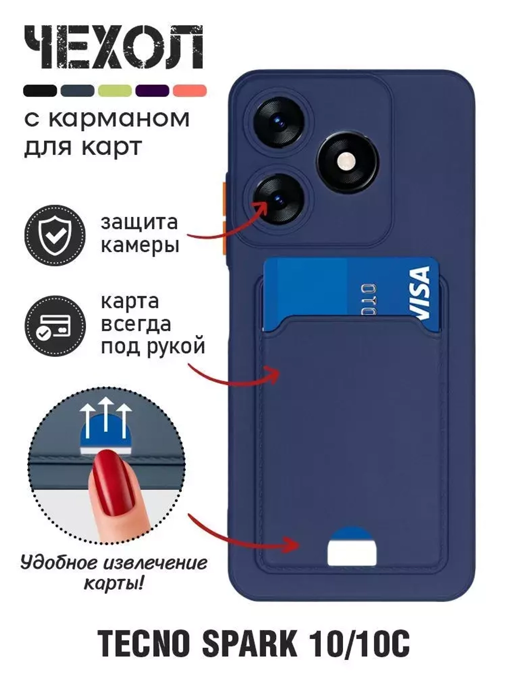 Силиконовый чехол с отделением для карты для Tecno Spark 10/10C blue DF
