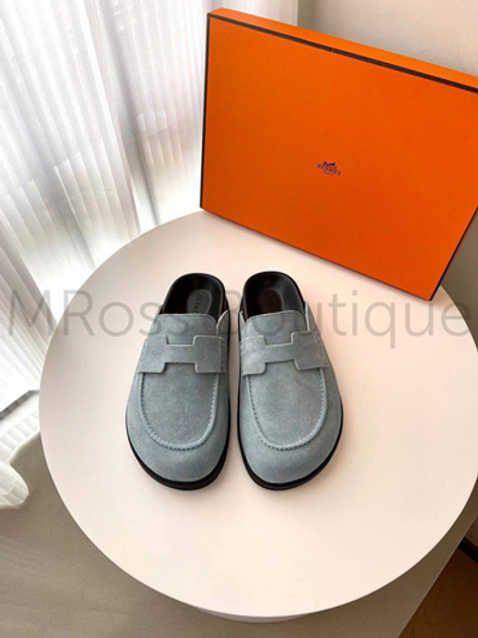 Женские мюли Hermes в голубом цвете из замши