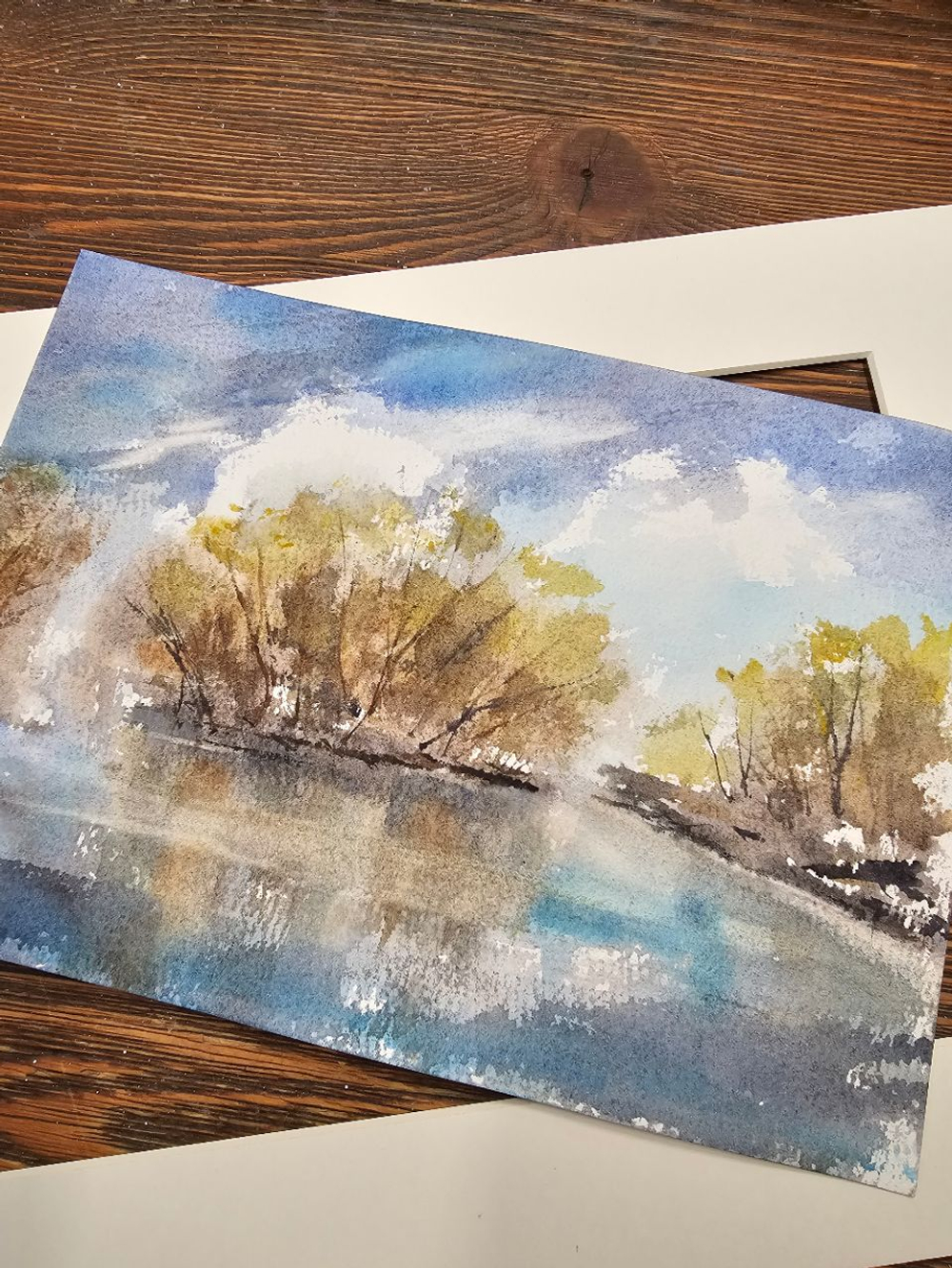 Картина авторская акварельная в паспарту 21х30 см на стену для интерьера "На берегу Осетра в апреле"