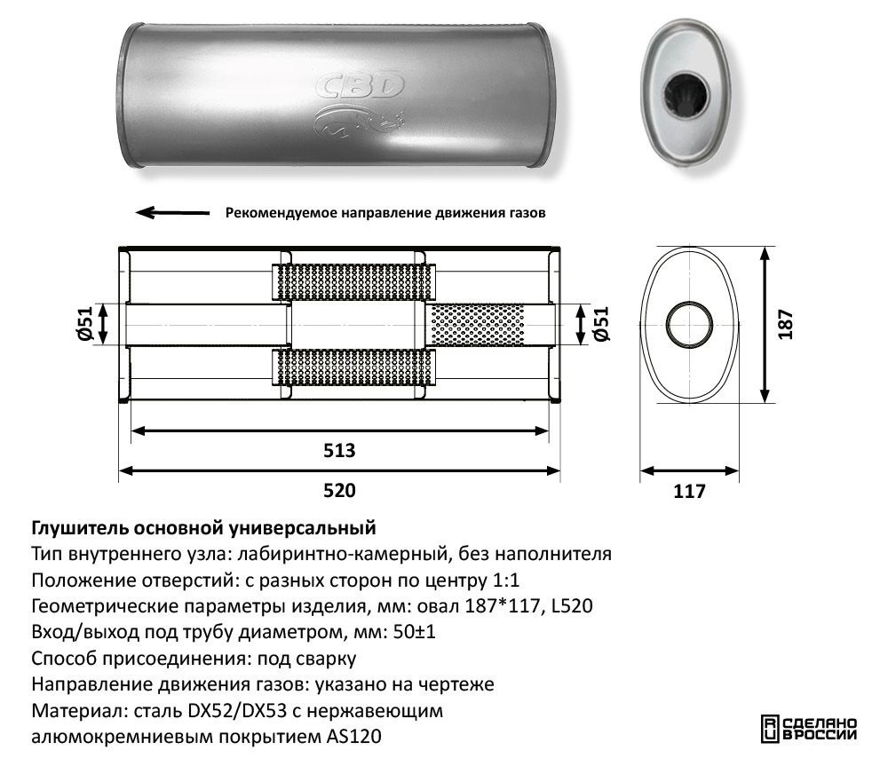 Глушитель под трубу D50 Нержавеющий CBD430001