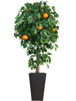 Искусственное дерево Мандарин 180см в высоком коричневом кашпо ротанг