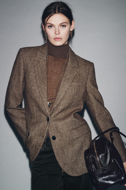 ZARA БЛЕЙЗЕР ИЗ СМЕСОВОГО ЛЬНА С УЗОРОМ В ЕЛОЧКУ — ZW COLLECTION, СВЕТЛО-КОРИЧНЕВЫЙ