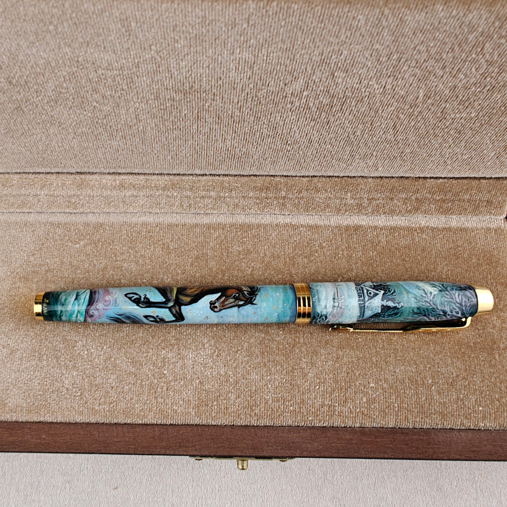 Ручка расписная Паркер "Зимний пейзаж с конем" в футляре