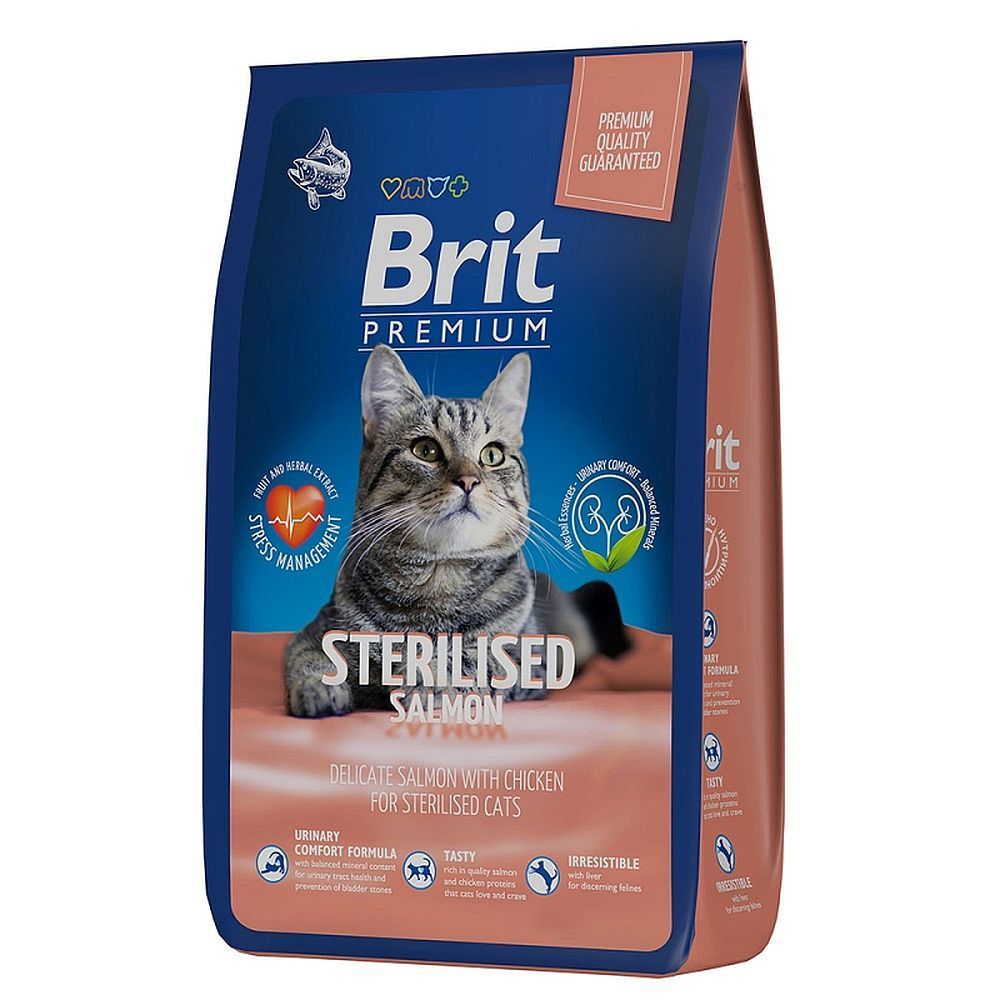 Brit Premium Cat Adult Salmon сухой корм премиум класса с лососем и курицей для взрослых кошек 8 кг