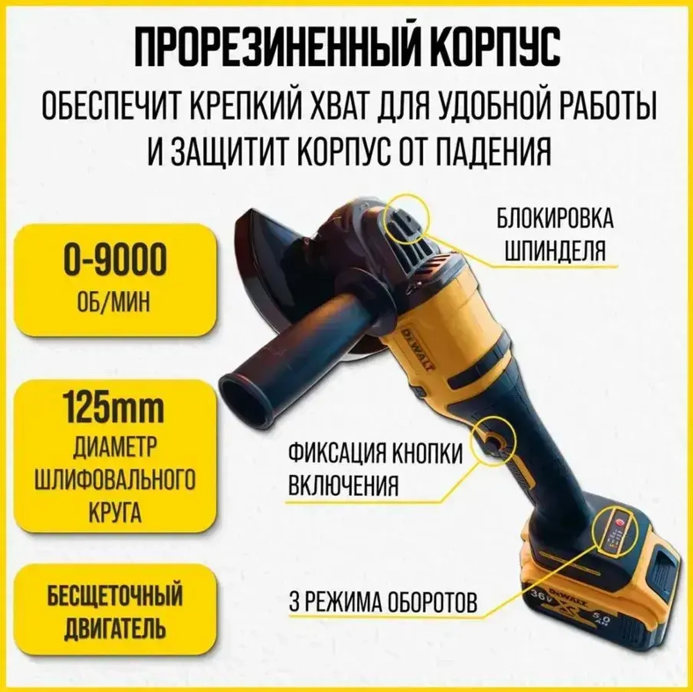 DeWalt УШМ Болгарка 125 аккумуляторная 21В, Девольт с регулировкой оборотов, 21V