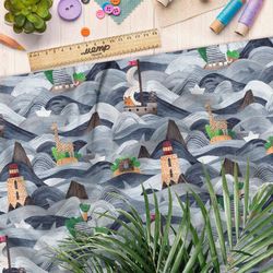 Ткань таффета морские объекты на волнах