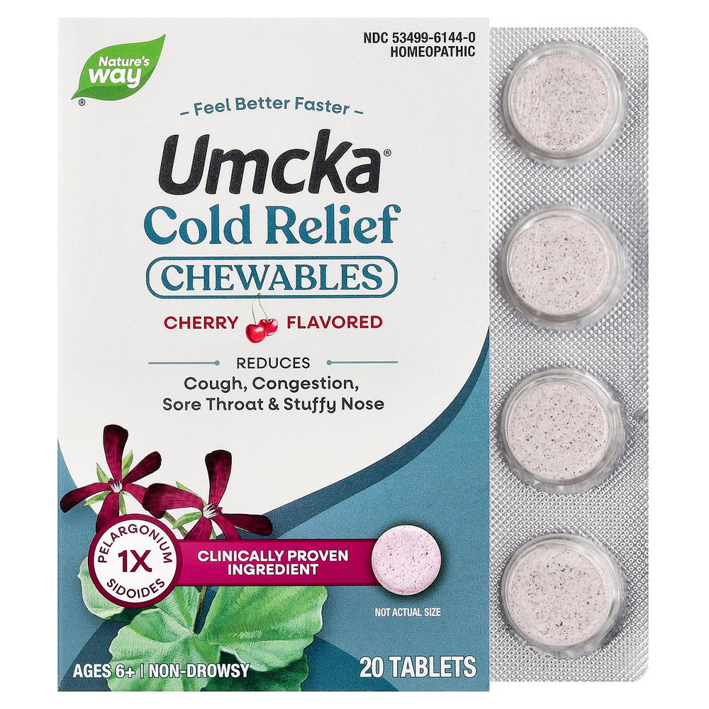 Nature's Way, Umcka®, жевательные таблетки для облегчения симптомов простуды, для детей от 6 лет, с вишневым вкусом, 20 таблеток