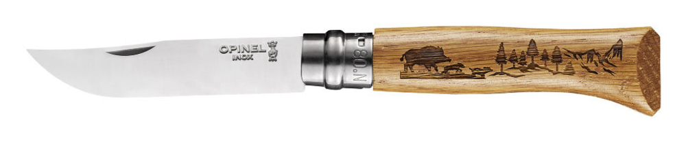 Нож Opinel №8, нержавеющая сталь, рукоять дуб, гравировка кабан. 002331