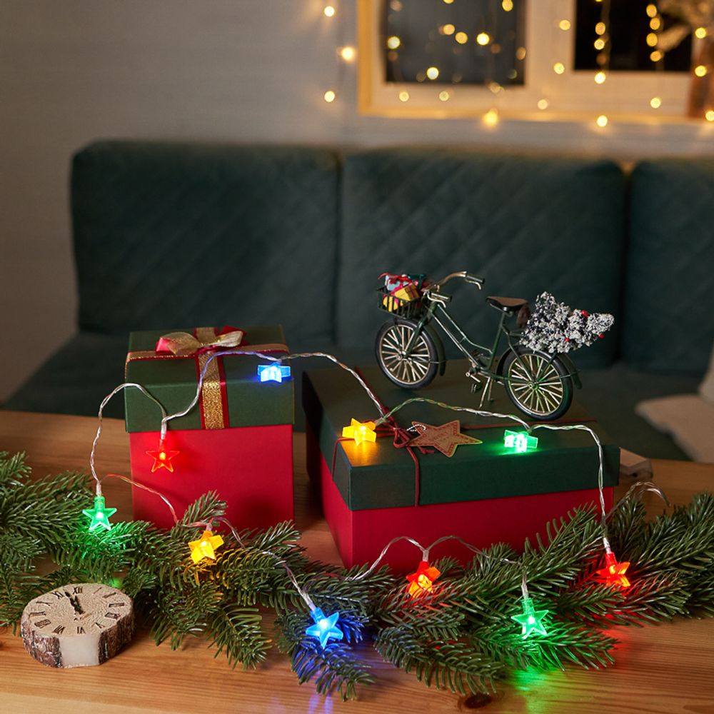 Гирлянда светодиодная Звездочки 1,5 м, 10 LED, прозрачный ПВХ, цвет свечения мультиколор, 2 х АА (ба