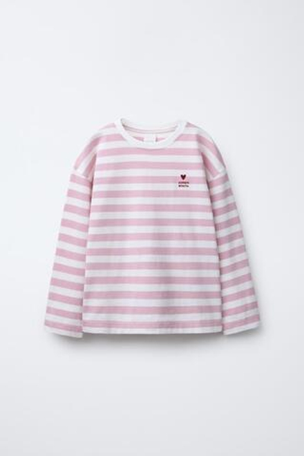ZARA ЛОНГСЛИВ В ПОЛОСКУ С ВЫШИВКОЙ «СЕРДЦЕ», РОЗОВЫЙ