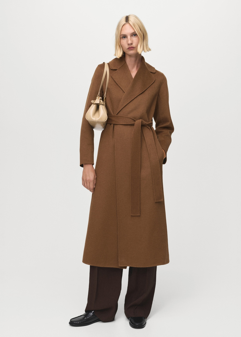 MANGO Шерстяное пальто с поясом, коричневый