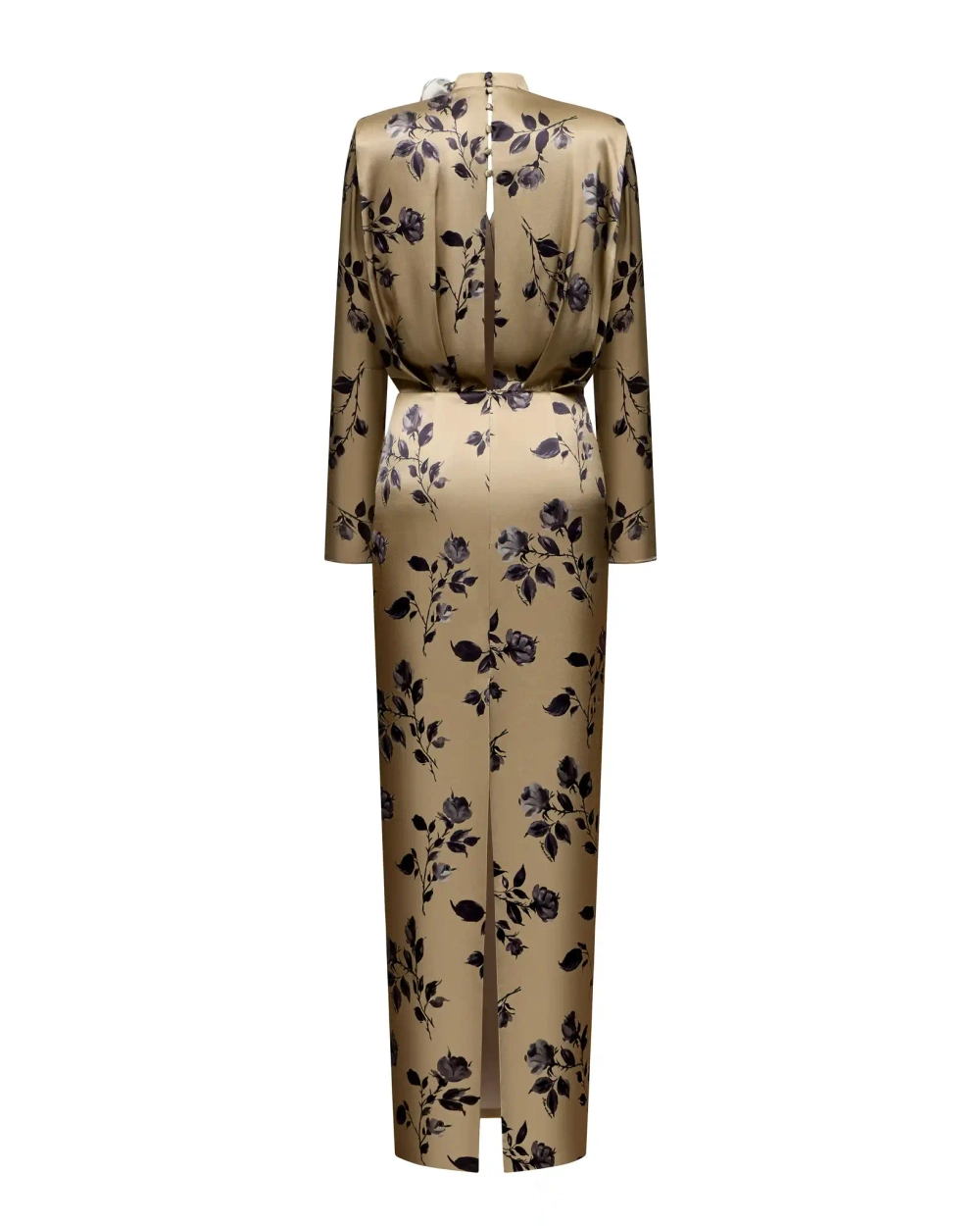 Jasmine maxi, платье макси из бежевого атласа со средним цветочным принтом