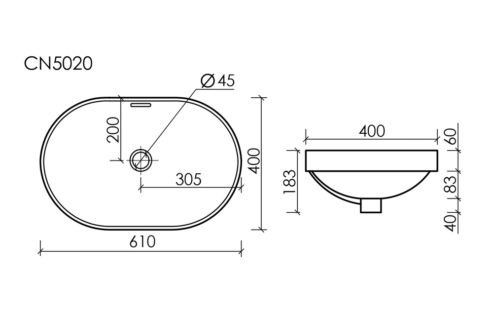 Умывальник овальный встраиваемый сверху в столешницу Element 600x400x195мм