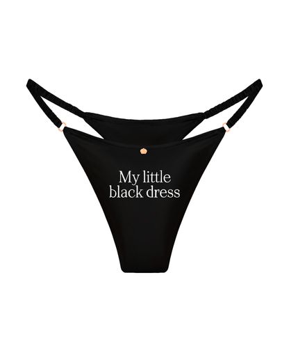 трусы стринги шелковые с надписью My little black dress черные