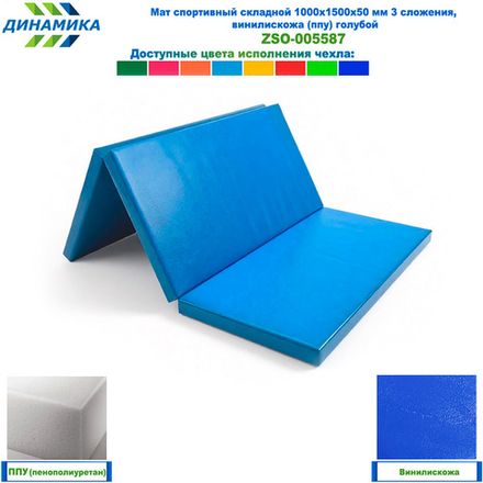 Мат спортивный складной 1000х1500х50 мм 3 сложения, винилискожа (ппу) голубой