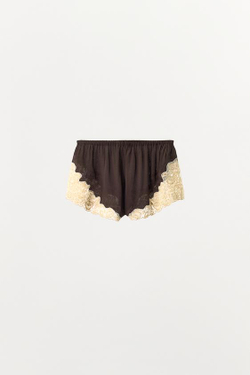 ZARA ШОРТЫ ИЗ 100% ВИСКОЗЫ С КРУЖЕВОМ И БУСИНАМИ, ТЕМНО-КОРИЧНЕВЫЙ