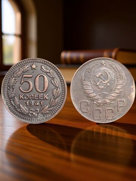 50 копеек 1941 года. Звезда вверху. Герб. Проба СССР. Копия пробной советской монеты медь патина
