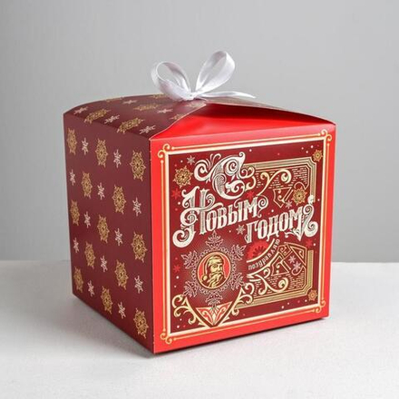 Коробка складная одиночная Куб «Новогодний», с лентой, 18*18*18 см, 1 шт.