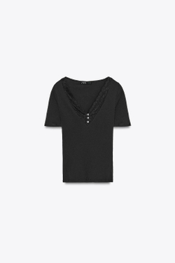 ZARA ФУТБОЛКА В РУБЧИК С КРУЖЕВОМ, ЧЕРНЫЙ