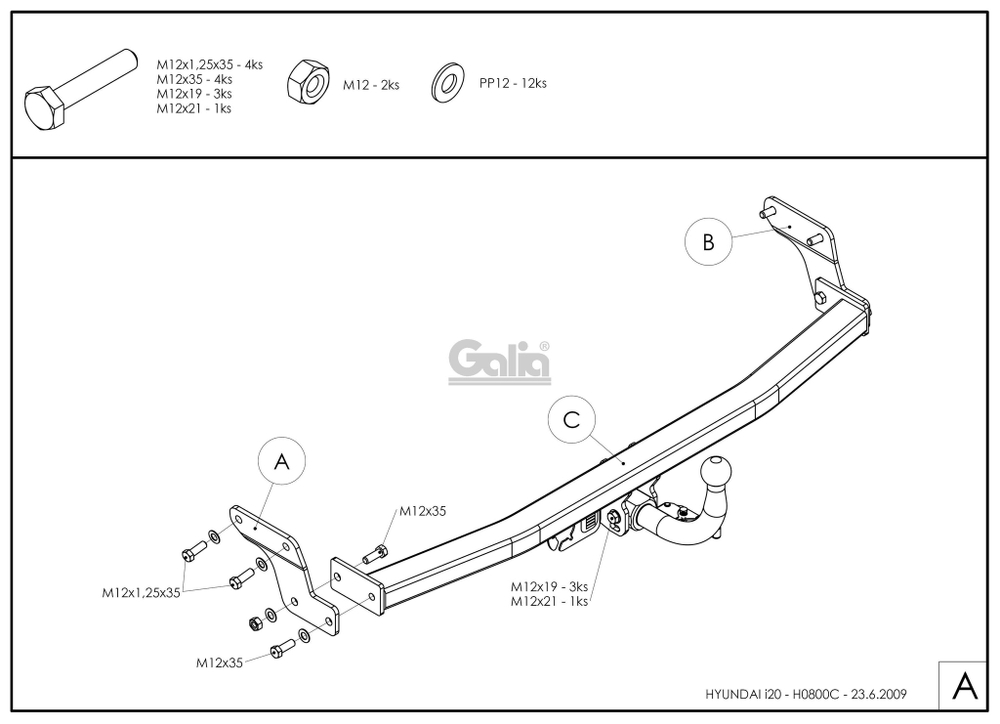 Оцинкованный фаркоп на Hyundai i20 2008-2014 (без электрики), Galia H080A