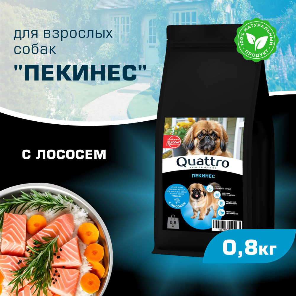 Корм сухой для взрослых собак породы Пекинес, с лососем, 800 гр, QUATTRO