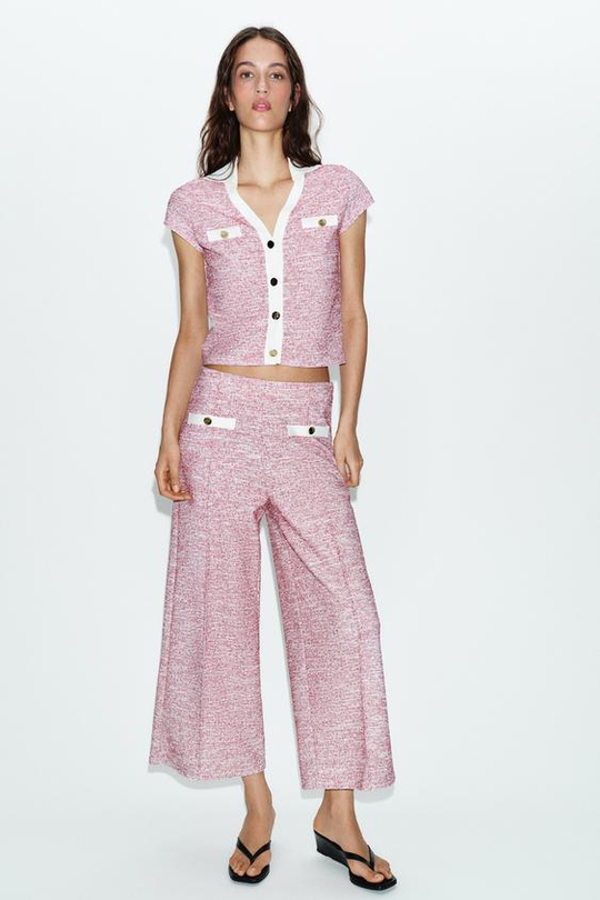 ZARA БРЮКИ-КЮЛОТЫ ИЗ РЕЛЬЕФНОЙ ТКАНИ, РОЗОВЫЙ МЕЛАНЖ